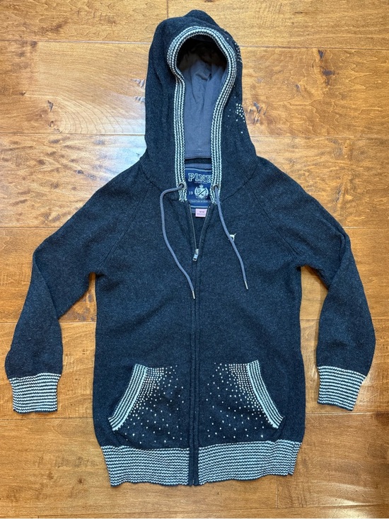 PINK Victoria's Secret Tops - Victoria’s Secret PINK Y2K Zip Hoodie Rhinestone Heart Sweater M